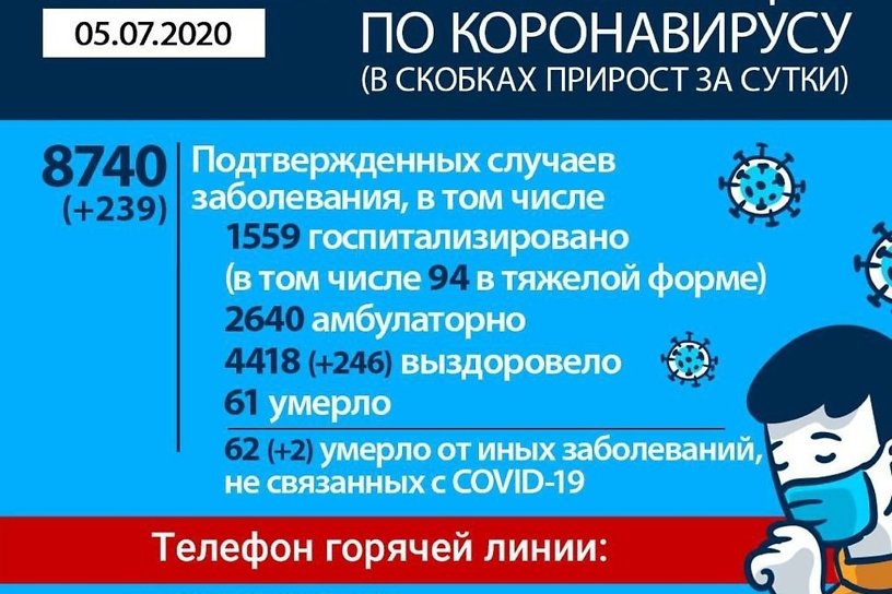 239 случаев коронавируса выявлено в Иркутской области за сутки – всего 8740